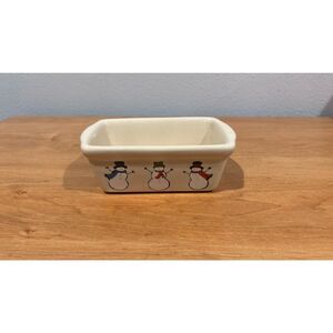 Mini Ceramic Baking Laof Pan Nantucket Holiday Christmas Snowmen  3x5"